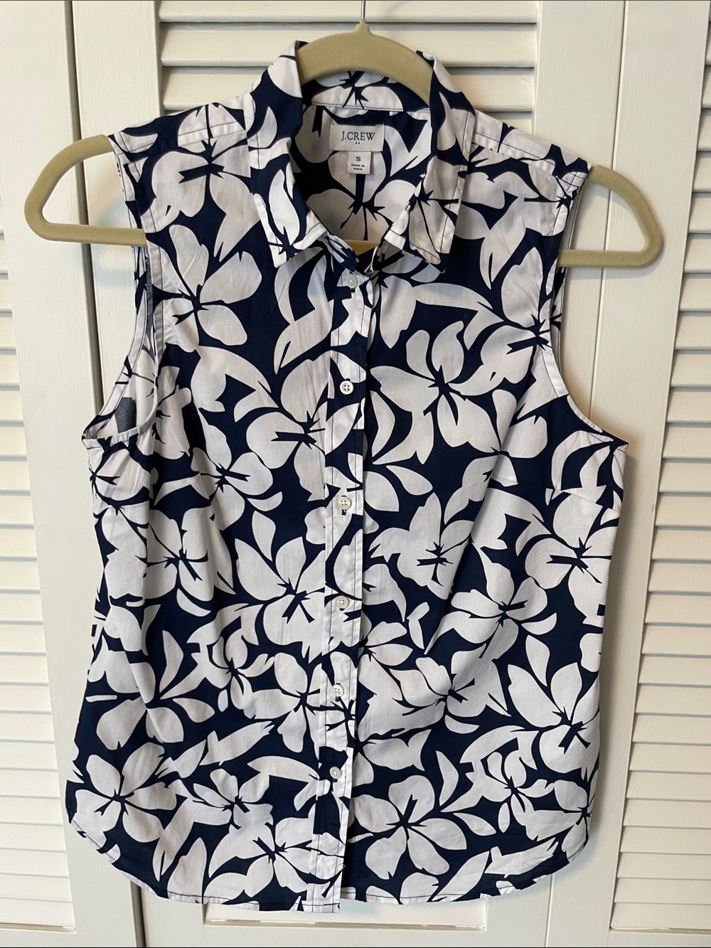 J. Crew Navy & White Sleeveless Floral Button-Down Shirt